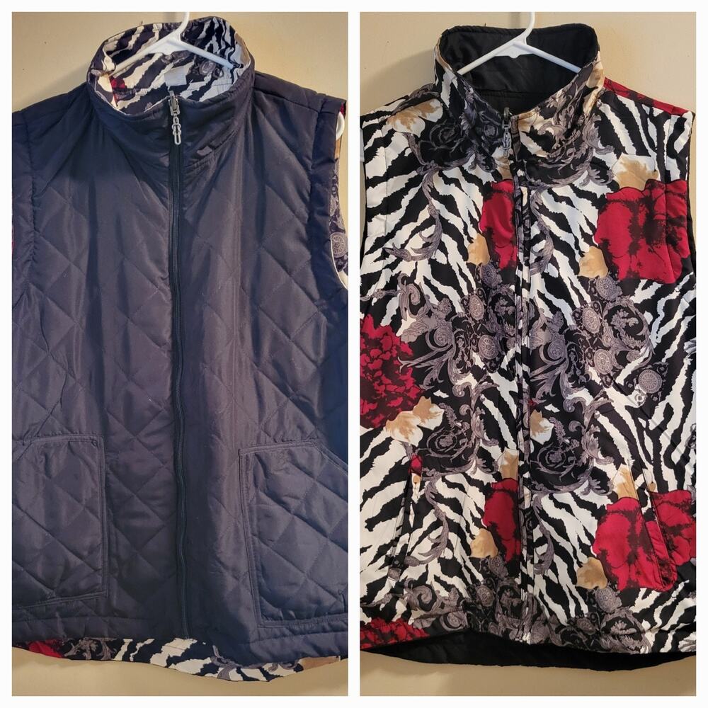 Reversible Quilted Vest Black Rose/Zebra Print Women 1X Casual Identity Light Wt